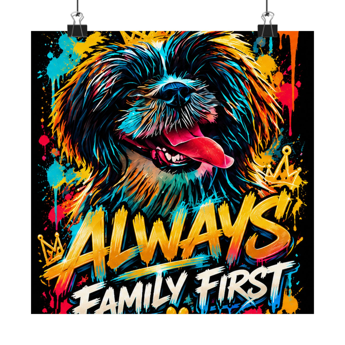 Family First Dog Poster — Colorful Graffiti Matte Vertical Print