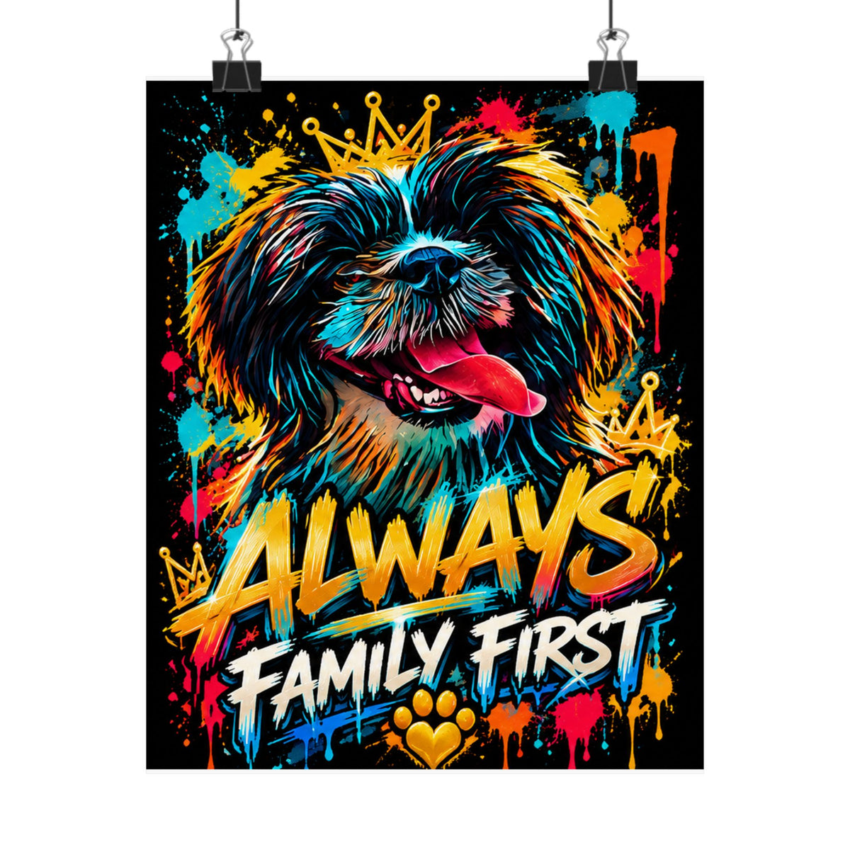 Family First Dog Poster — Colorful Graffiti Matte Vertical Print