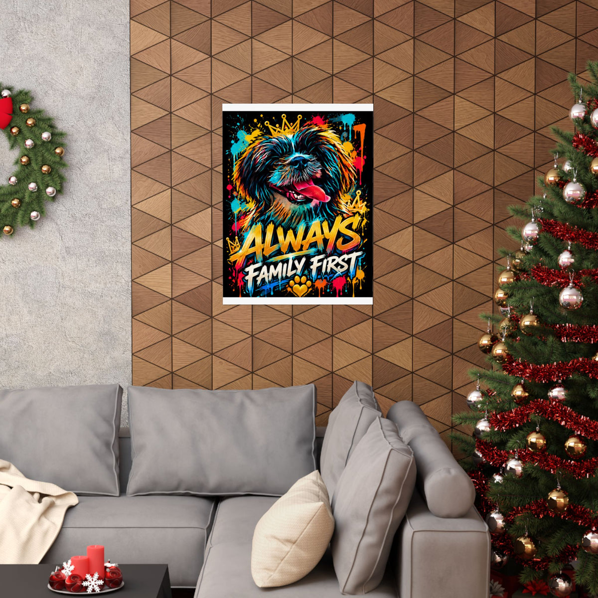 Family First Dog Poster — Colorful Graffiti Matte Vertical Print