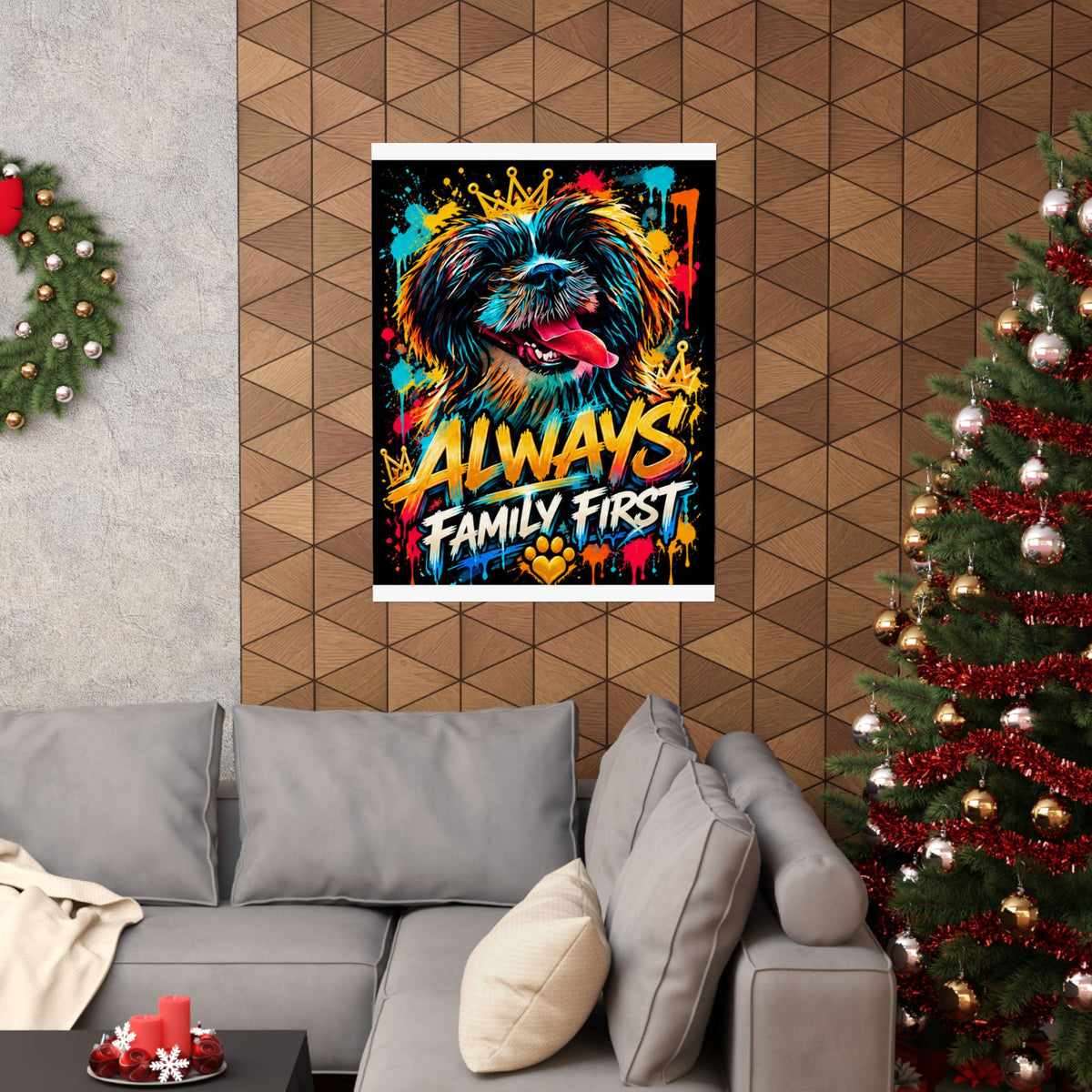 Family First Dog Poster — Colorful Graffiti Matte Vertical Print