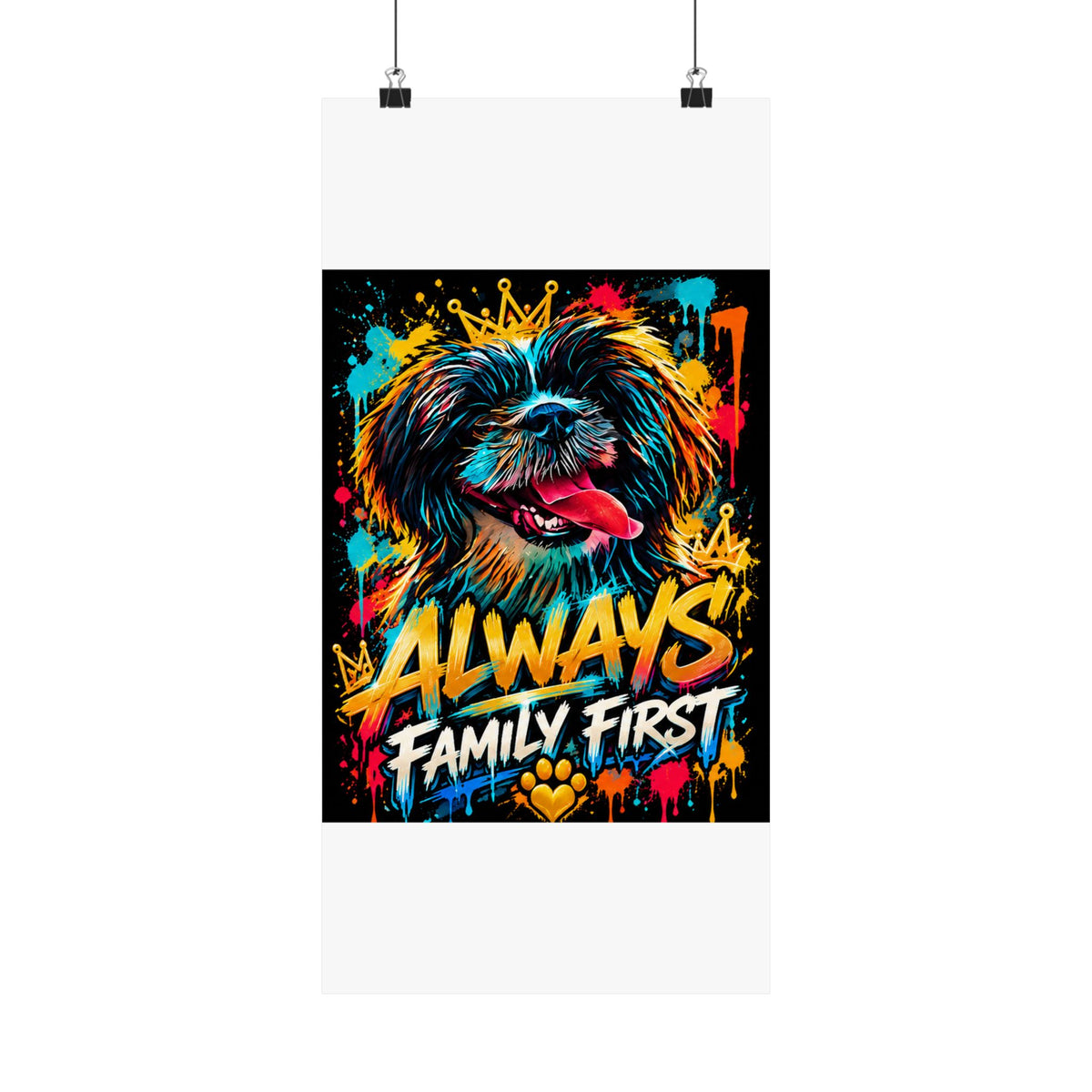 Family First Dog Poster — Colorful Graffiti Matte Vertical Print