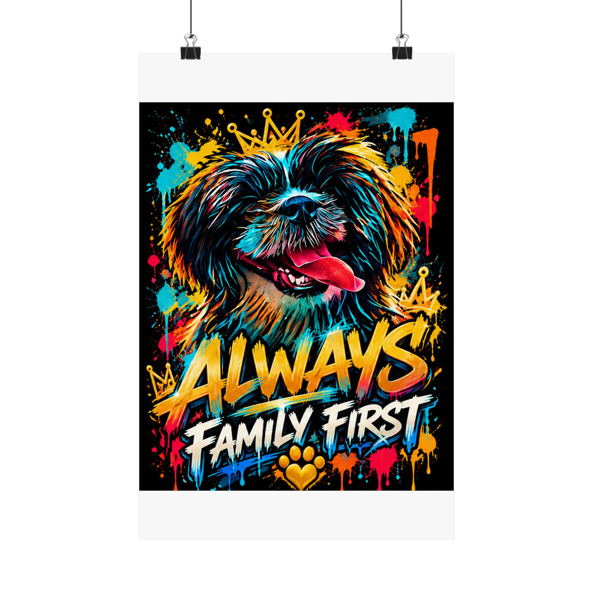 Family First Dog Poster — Colorful Graffiti Matte Vertical Print
