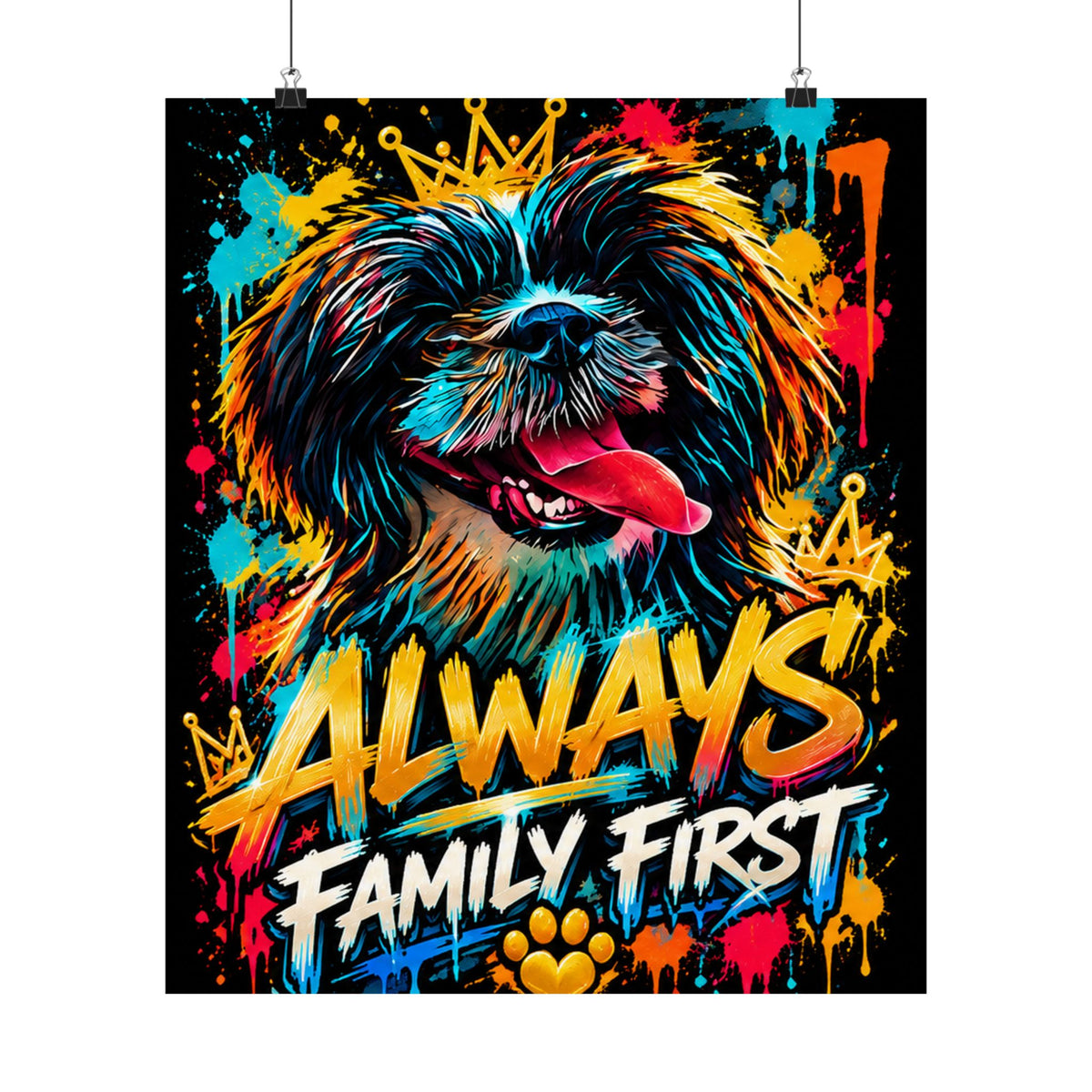 Family First Dog Poster — Colorful Graffiti Matte Vertical Print
