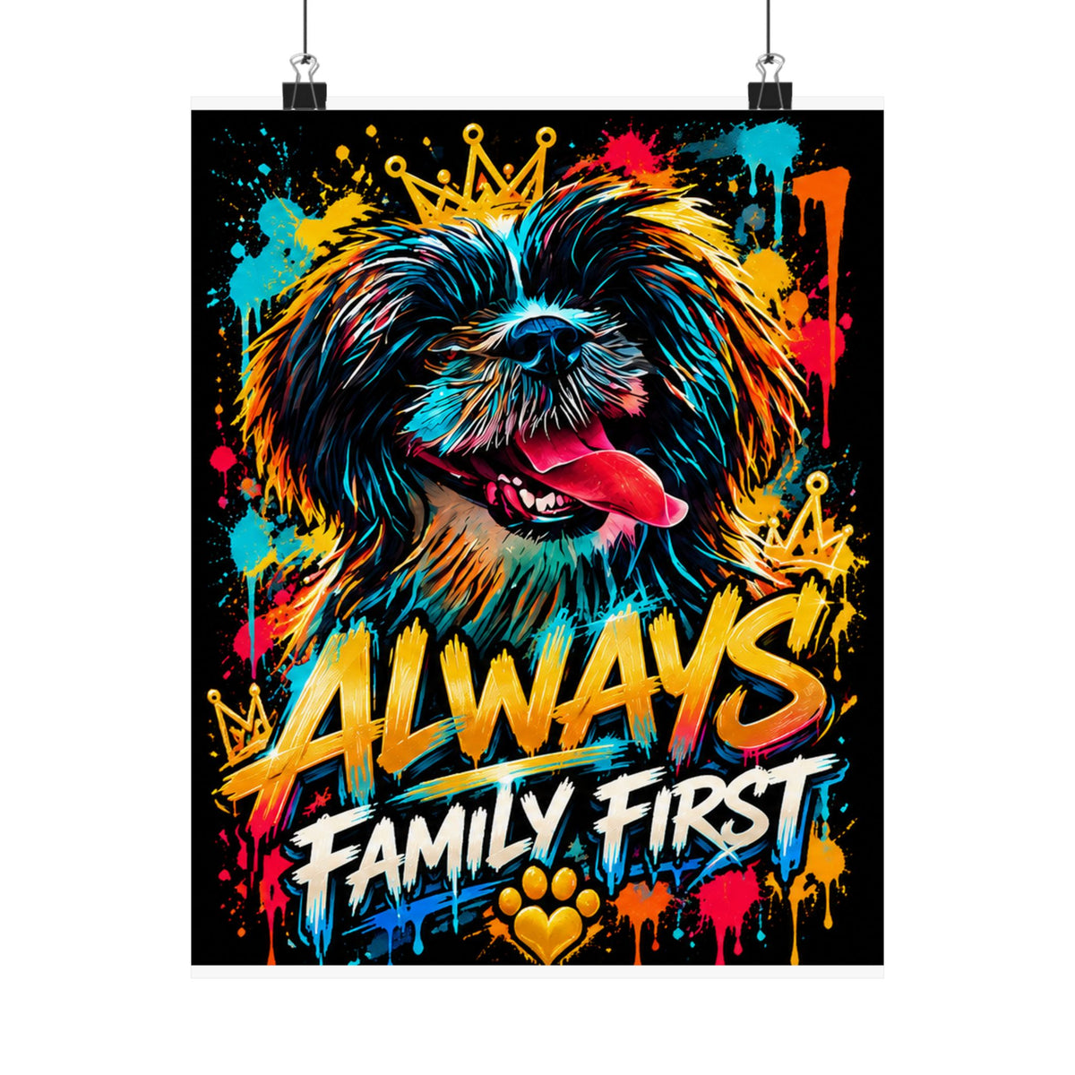 Family First Dog Poster — Colorful Graffiti Matte Vertical Print