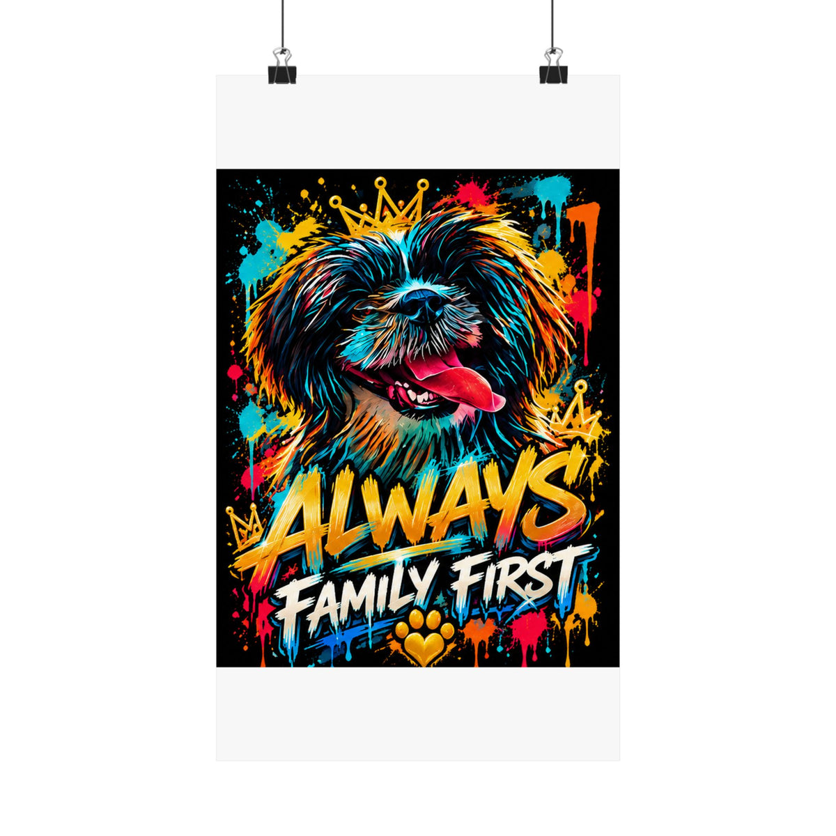 Family First Dog Poster — Colorful Graffiti Matte Vertical Print
