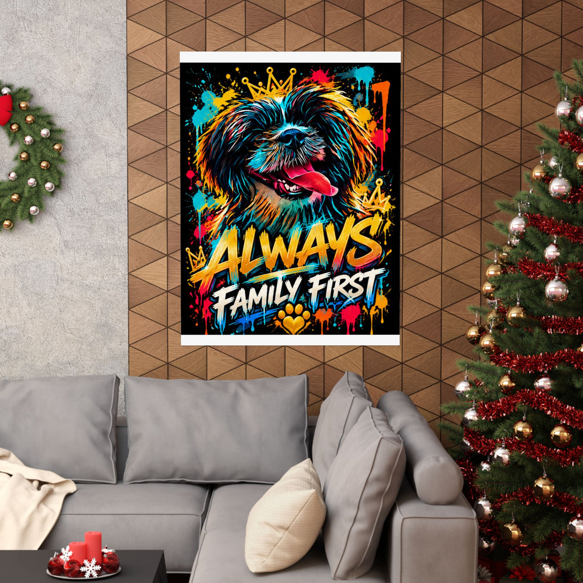 Family First Dog Poster — Colorful Graffiti Matte Vertical Print