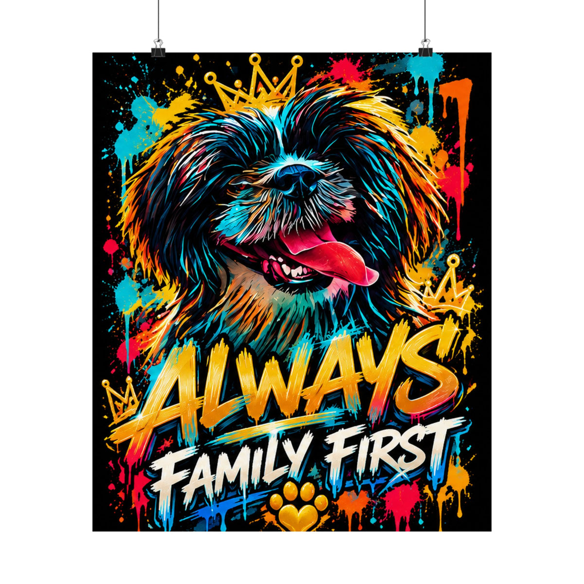 Family First Dog Poster — Colorful Graffiti Matte Vertical Print