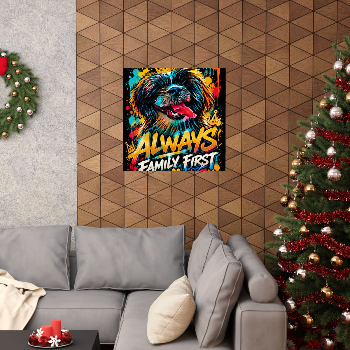 Family First Dog Poster — Colorful Graffiti Matte Vertical Print