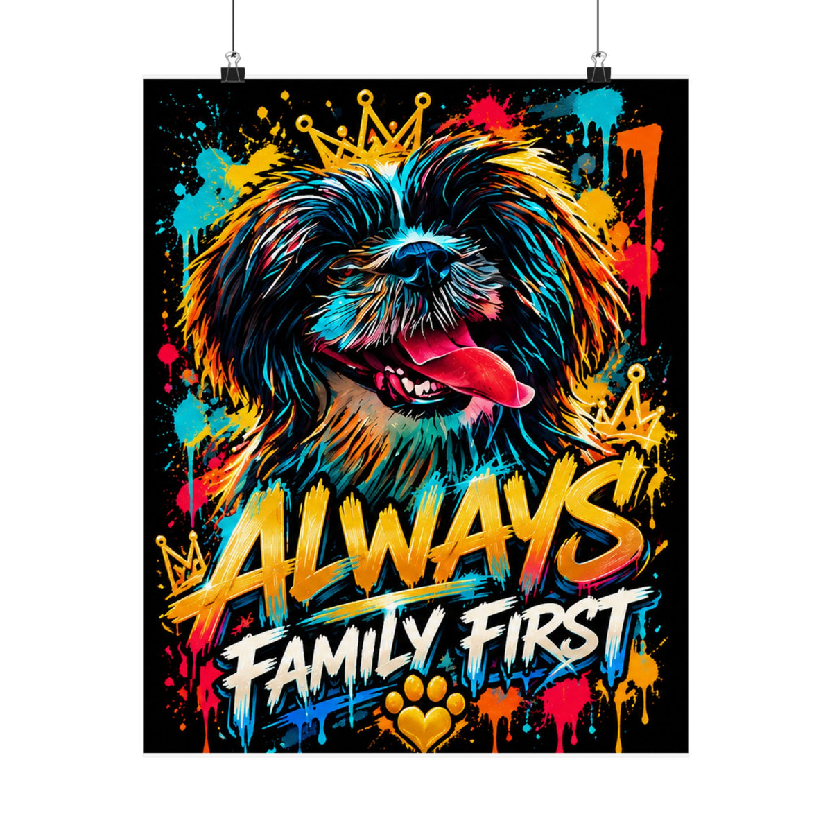 Family First Dog Poster — Colorful Graffiti Matte Vertical Print